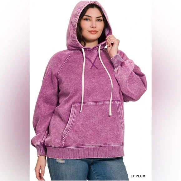 NWT ZENANA PLUS ACID WASH FLEECE HOODIE WITH POCKETS - Picture 2 of 2